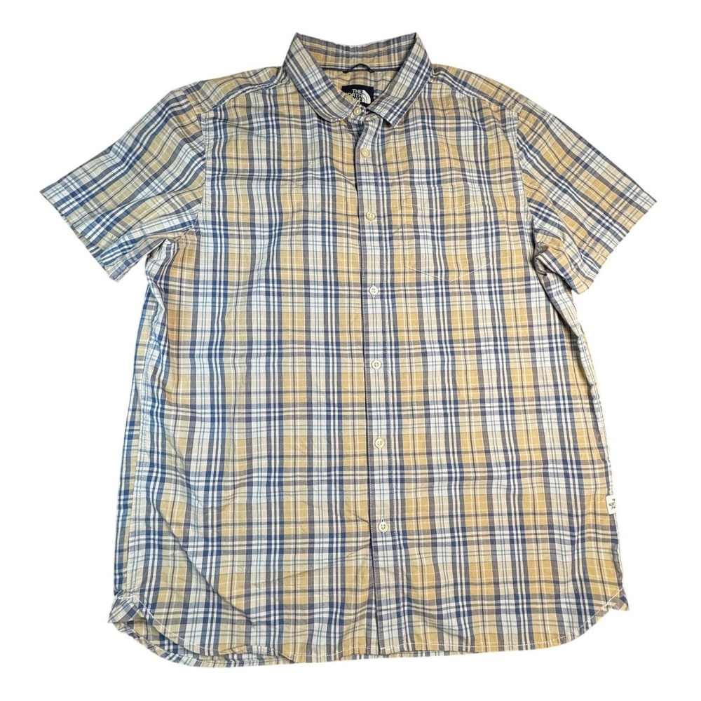 North‎ Face Men's XL Plaid Short Sleeve Button Front Shirt Blue Tan Cotton Blend